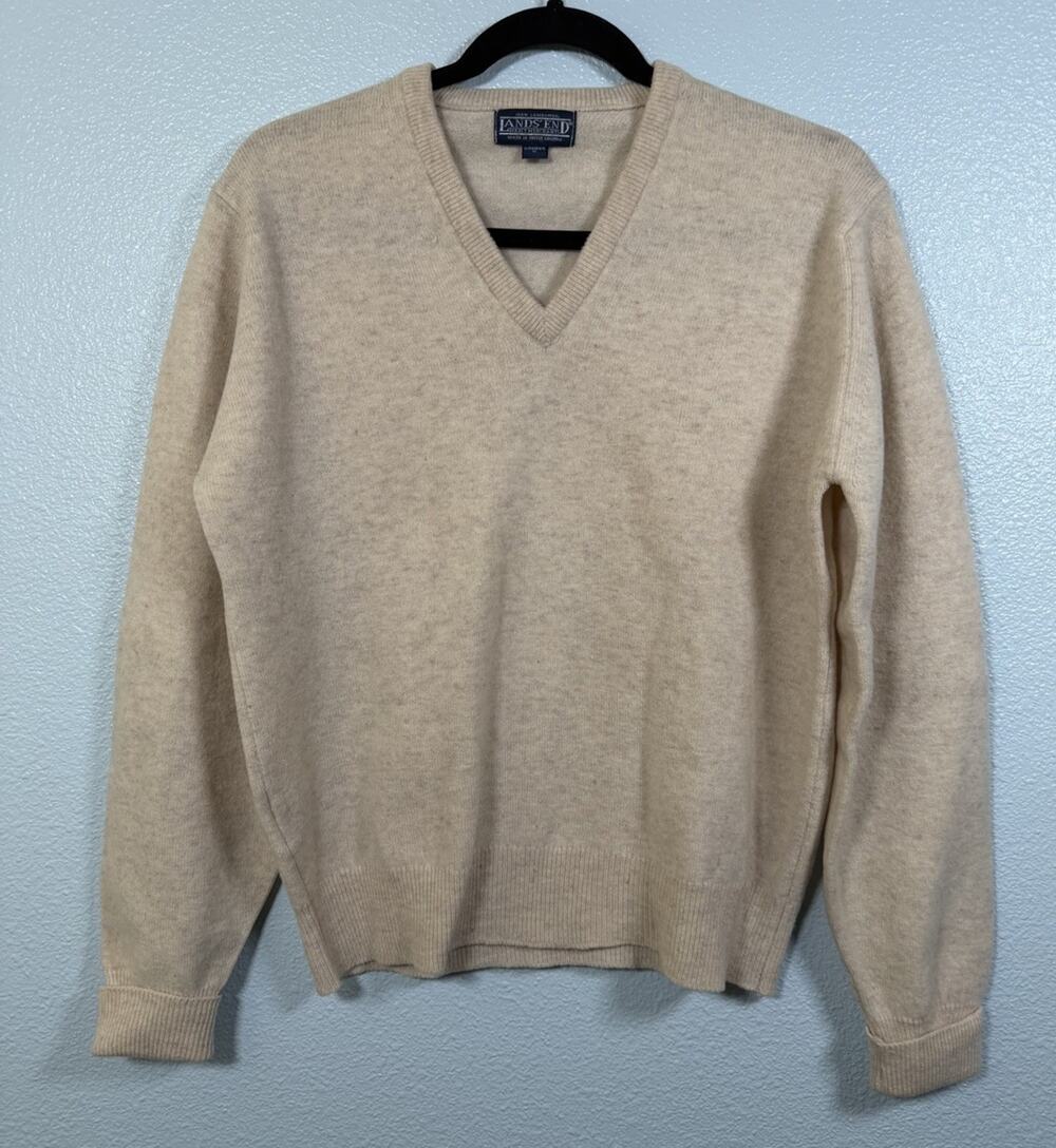 Vintage Lands’ End Women’s M 100% Lambswool V Neck Sweater Ivory Made in UK